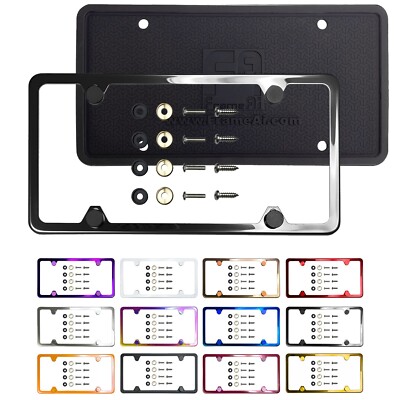4H Slim Stainless Steel License Plate Frame Metal Screw Cap & Silicone ...