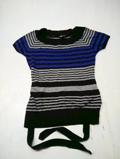 AB Studio Striped Blue Black Grey Knit Short Sleeve Sweater Med Tie Waist 