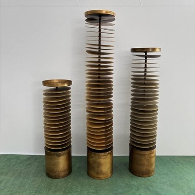 Vtg Mitchell Gold Bob Williams Brutalist Stacked Disc Metal Candle Holder Trio