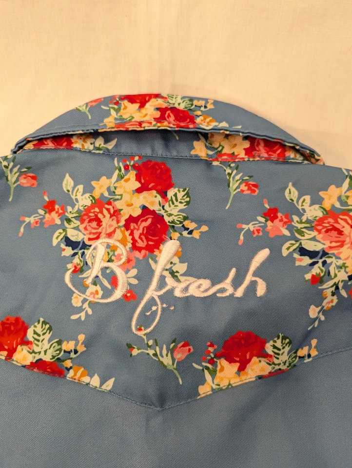 Hombres B FRESH GEAR Azul Claro Acento Floral Manga Larga Perla Camisa a Presión S Western Foto 2 de 4