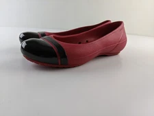 Crocs Cap Toe Flats Women 6 Red Black Shoe Rubber Classic Casual Chic Slip On