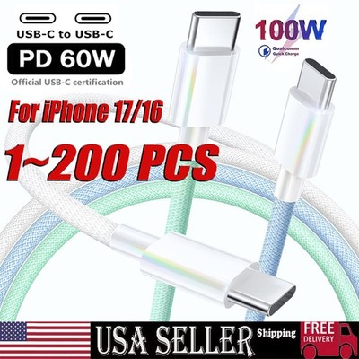 For iPhone 17 15 Pro USB-C to USB-C Cable Fast Charger Lot Type C Charging Cord