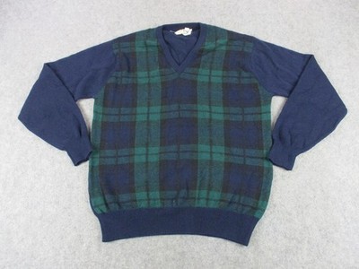 VINTAGE Pringle of Scotland Sweater Mens 42 Blue Green Tartan V Neck Lambswool