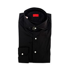 730 ISAIA NAPOLI "Mix" Black Dress Shirt Hand-Sewn Fine Stretch Cotton Comfort