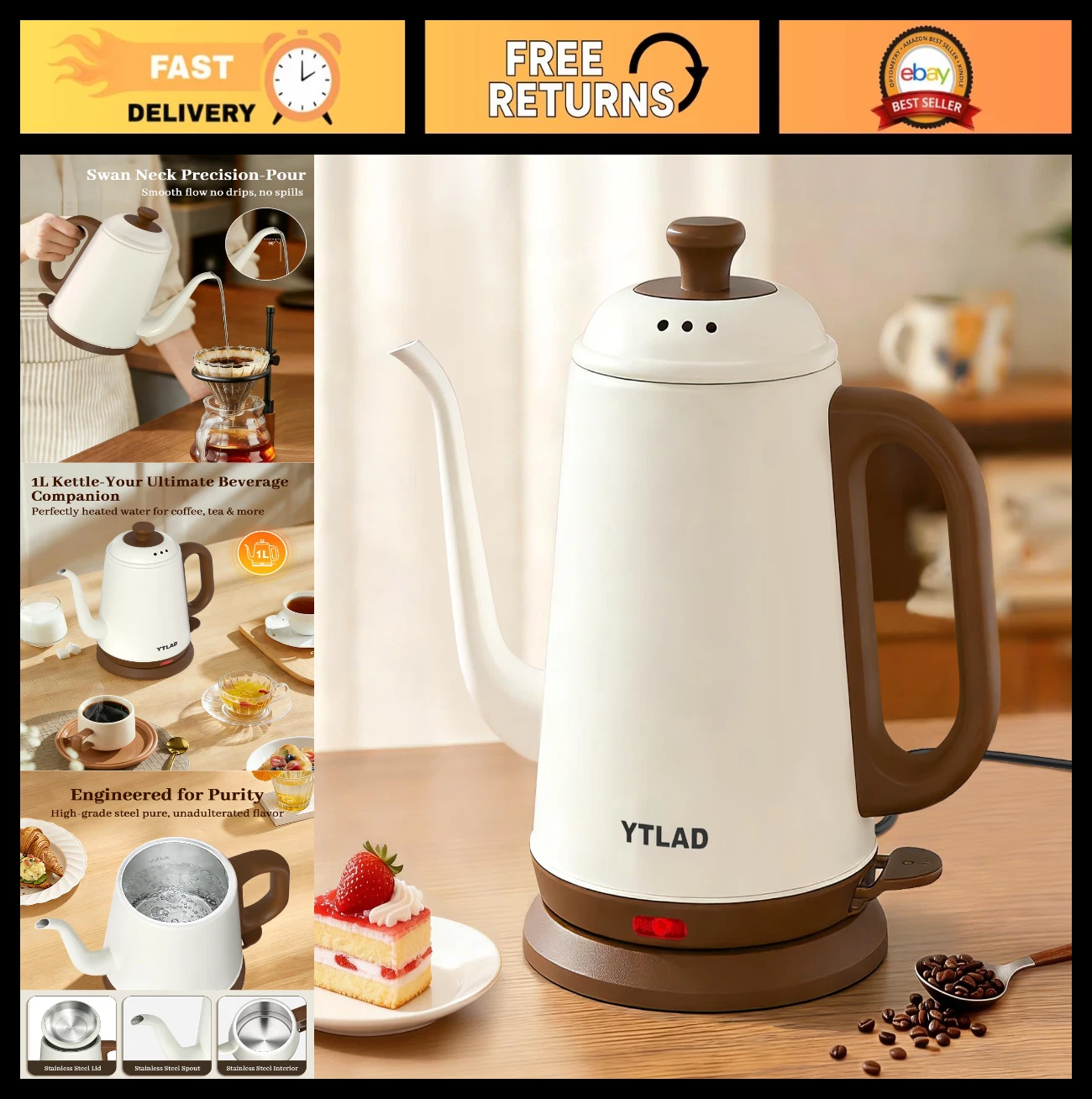 Electric Gooseneck Kettle 1L, Fast Boiling 1000W, Stainless Steel, Pour-Over Cof