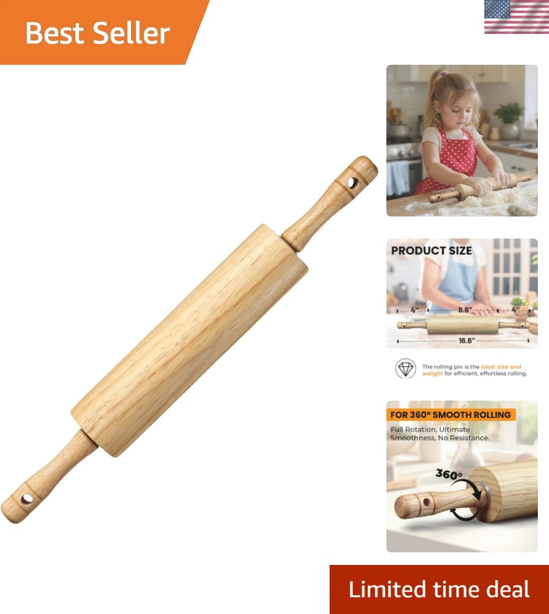 Rubber Wood Rolling Pin for Baking, Kitchen Dough Roller With Handles, Rodill...
