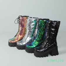 Women's Mid Calf Sequins Boot Platform High Heel Performance Shoes Glitter Stage