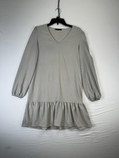 Shein Dress Womens Medium Beige Long Sleeve V Neck Ruffle Hem Mini Casual
