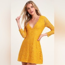 LULUS YELLOW LACE Long Sleeve Mini DRESS SZ SMALL