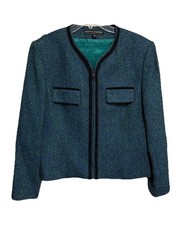 Vtg Kasper Blazer Jacket Size 14 Blue Wool Tweed Career Classic Y2K Academia