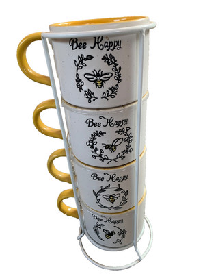 ABODE BEE Stacking Mug Cup HAPPY KIND LOVED 13 oz Set OF 4 Holder HOUSEWARE used