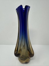 Vintage Murano Style Sommerso MCM Blue  Amber Submerged Art Glass Vase