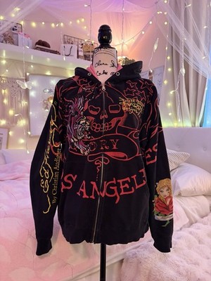 Grail vintage rare Ed Hardy Men's L Black Full Zip Hooded Hoodie Skull Tiger