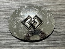 Vintage Western Style Double Square Floral Pattern Belt Buckle Silver Tone Oval