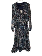 $148 NWT Tahari Indigo Tile Print Midi Dress Large L Pleated Boho Tie Waist