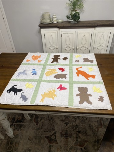 Baby Animal Lap/Crib Quilt Hand Sewn 37”x37” Beautiful Colors Deer Cat Bunny Etc