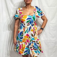 Tabitha Brown Vibrant Botanical Tropical Print Linen Blend Midi Dress Sz S