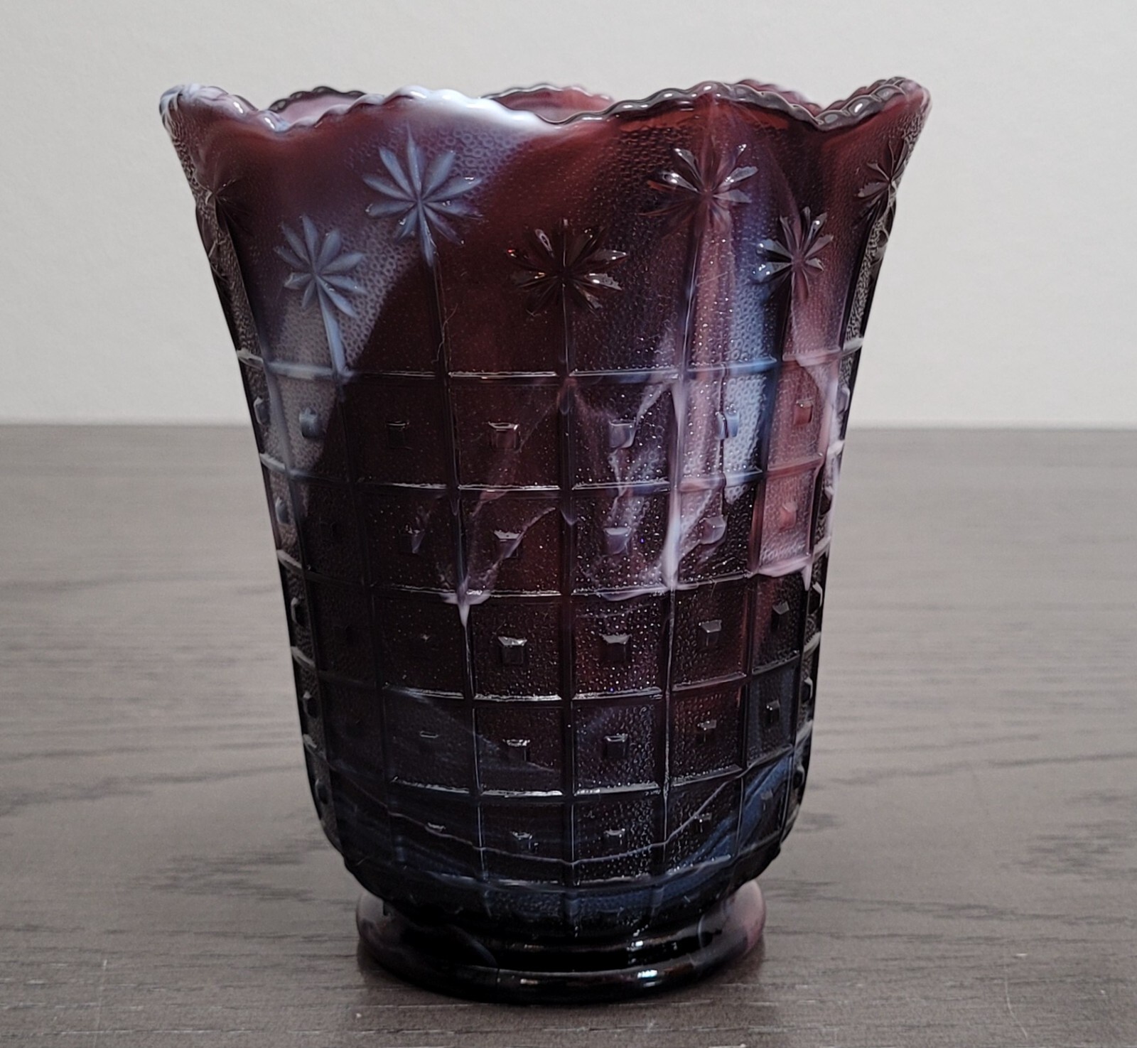 Vintage Imperial Slag Glass Vase Celery Embossed Amethyst Purple Swirl
