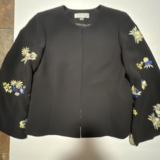Tahari Arthur S. Levine Blazer Jacket Black 10 Embroidered Floral Open Career