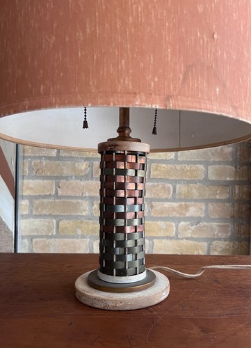 Sandel Art Deco Machine Age Woven Metal Copper Desk Table Lamp Vtg - Picture 10 of 24