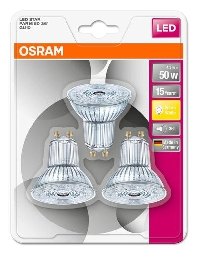 Osram Set 3 Lampadine LED PAR16 GU10 In Vetro Con Riflettore 2700K Warm White - Immagine 4 di 4
