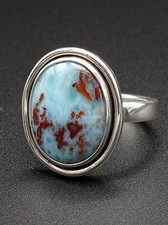 Handmade Oval Dendritic Larimar Sterling Silver Ring - Size 7