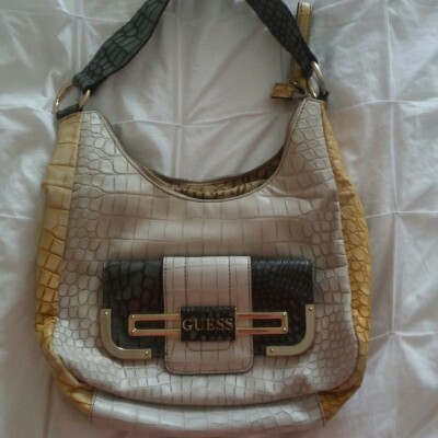 GUESS Rhonda Croc Shoulder Bag Purse Handbag Women's Gray White Yellow | eBay