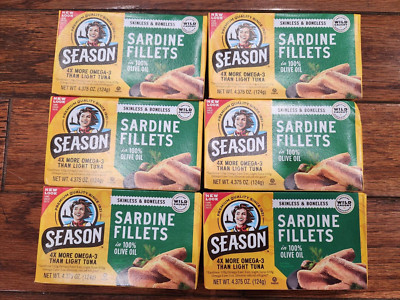 6 PACK SARDINE FILLETS IN 100% OLIVE OIL SEASON 4% MORE OMEGA-3 LIGHT TUNA 12/28