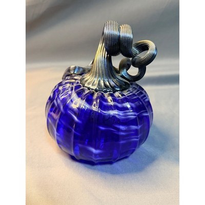 Cobalt Blue Glass Pumpkin Hand Blown Silver Stem White Swirl Fall Decor Figurine