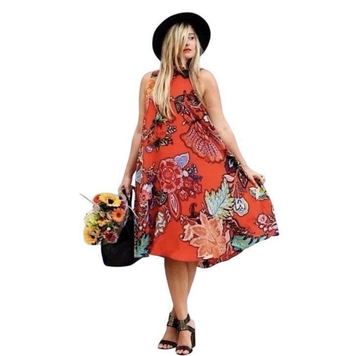MAEVE Anthro Larkhill Silk Boho Small Dress Trapeze Swing Floral Orange Colorful