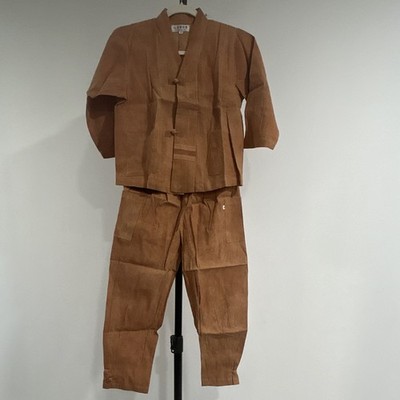 Cleobella Brown 2-Piece Woven Cotton Set S V-Neck 3/4 Sleeve Straight Pants