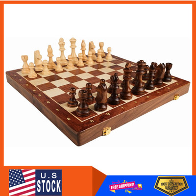 15'' Walnut Chess Set with Storage Board for Adults & Children, 2 Players
