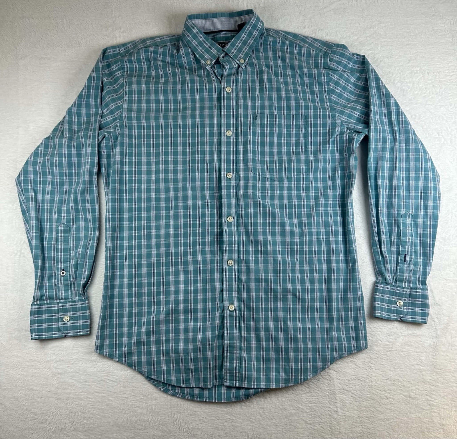 IZOD Men's Medium M Plaid Button Down Shirt Long Sleeve Performance Teal Blue