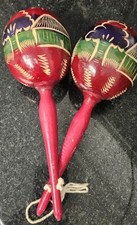 WOODEN MARACAS HAND CARVED PAINTED FOLK ART SET OF 2