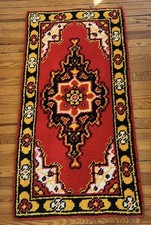 Vintage 1970s Handmade Latch Hook Rug Red Yellow Black 27x53