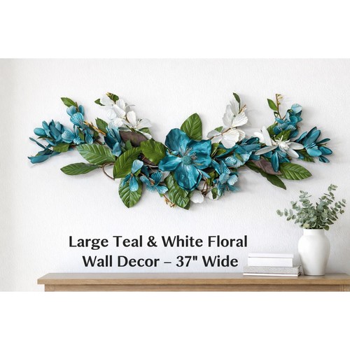 Large Teal & White Floral Wall Decor Metal Flower Wall Art 37" Wide