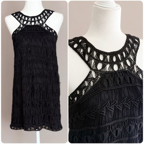 DVF Liza Black Macrame Crochet Sleeveless LBD Cocktail Mini Dress Size Medium - Picture 2 of 17