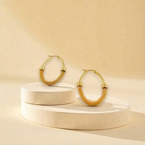 Authentic Gold Mesh Hoop Earrings 18K Gold Plated Width 30mm Height 55mm