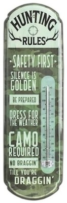 Hunting Rules Vintage Thermometer Wall Sign with Embossed Edge Rustic In/Outdoor