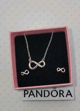 Authentic New PANDORA Sparkling Infinity Collier Necklace & Earrings Gift Set