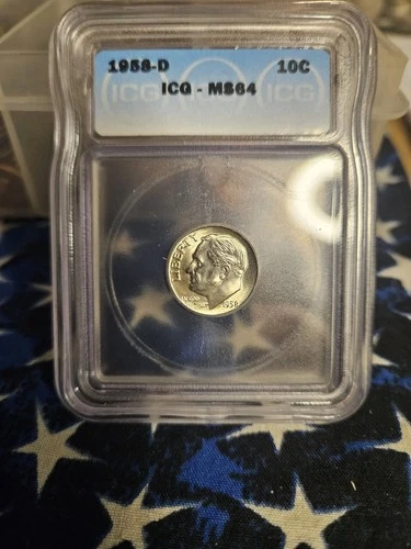 1958 Denver 10 Cent Silver Roosevelt Dime Graded MS 64 by ICG. Nice Coin,