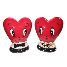 Johanna Parker Salt Pepper Shakers Heart Face Red Dapper Bow Valentine's Set
