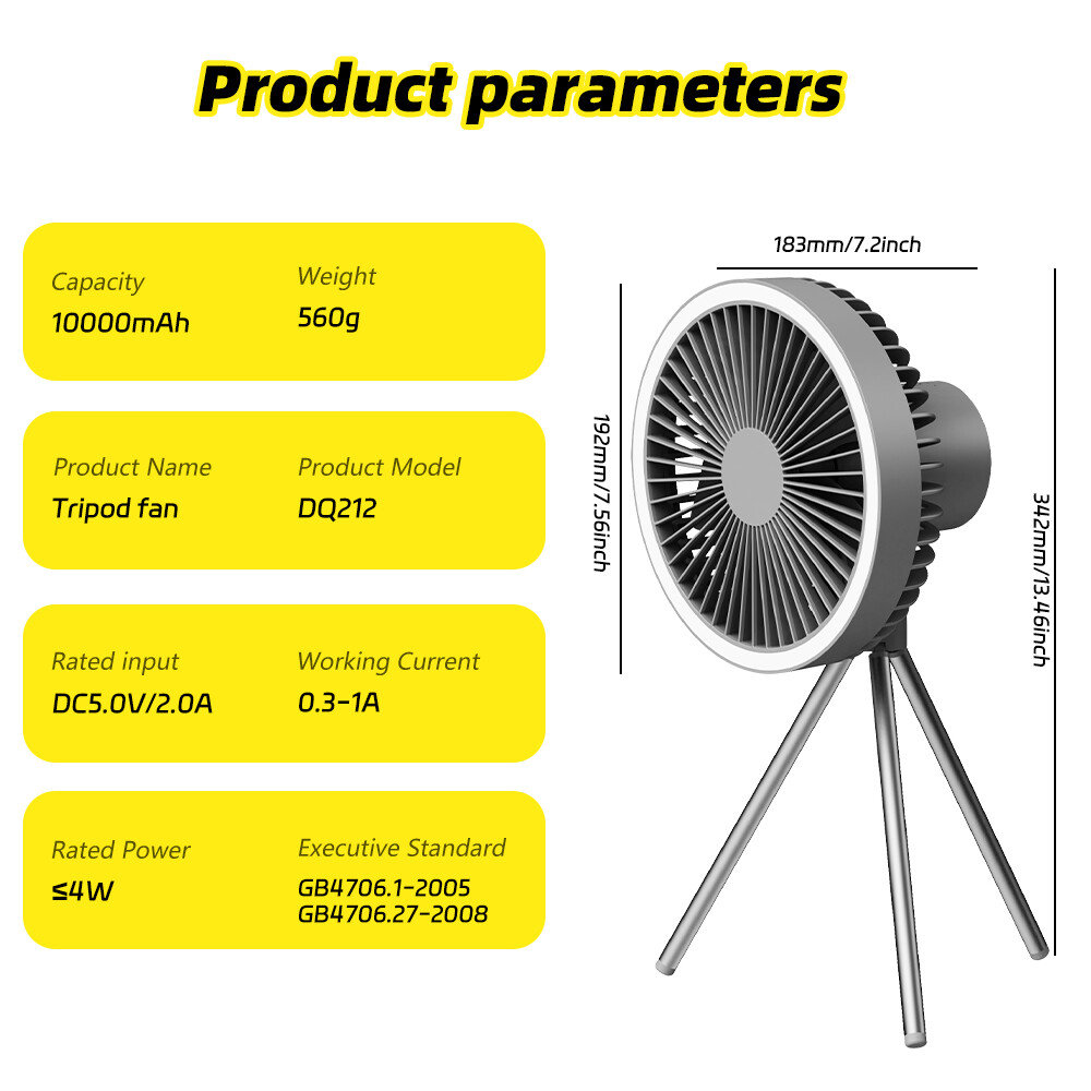 20000mAh Camping Fan Rechargeable for Tent with LED Light USB Desk Fan