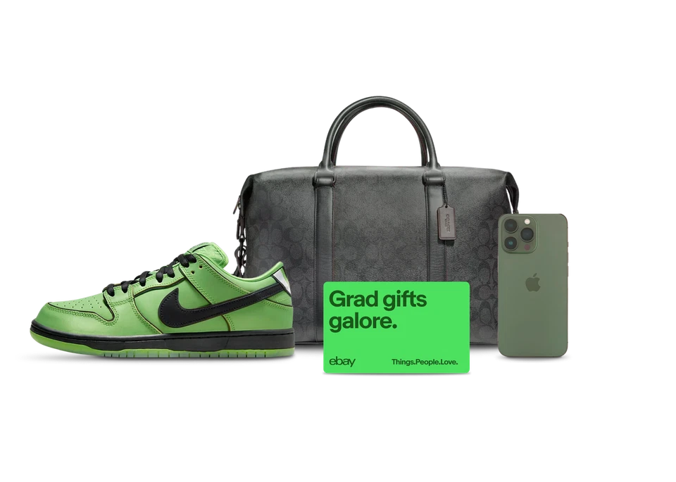 A Powerpuff Girls x Nike SB Dunk Low 'Buttercup' sneaker, a COACH Trekker 52 duffel bag, an eBay gift card that says 'Grad gifts galore.' with the eBay logo at bottom left and the 'Things.People.Love.' tagline at the bottom right, and an Apple iPhone 11 Pro Max in Midnight Green against a white background.