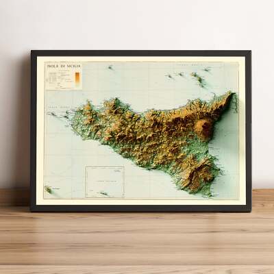 Sicily Italy Map, Sicily 2D Relief Map, Sicily Vintage Map - 2D Flat