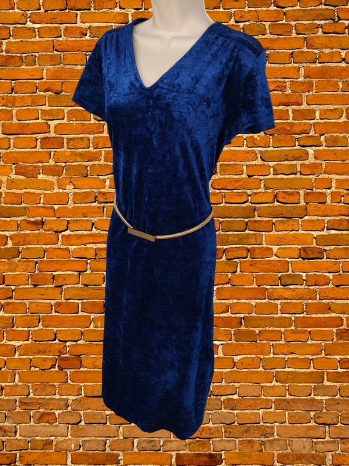 VESTIDO DE FESTA FEMININO VINTAGE AZUL TAMANHO REINO UNIDO 16 TURNOS MANGA CURTA VELUDO COM CINTO - Imagem 3 de 4