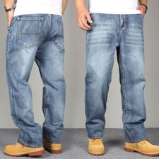 Pantaloni Jeans Denim Baggy Dritti Vintage Lavati Casual Fit Largo