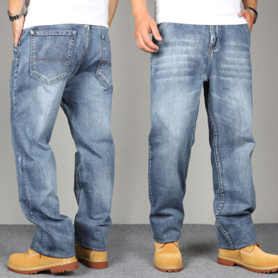 Men Loose Fit Casual Jeans Vintage Washed Straight Leg Baggy Denim  