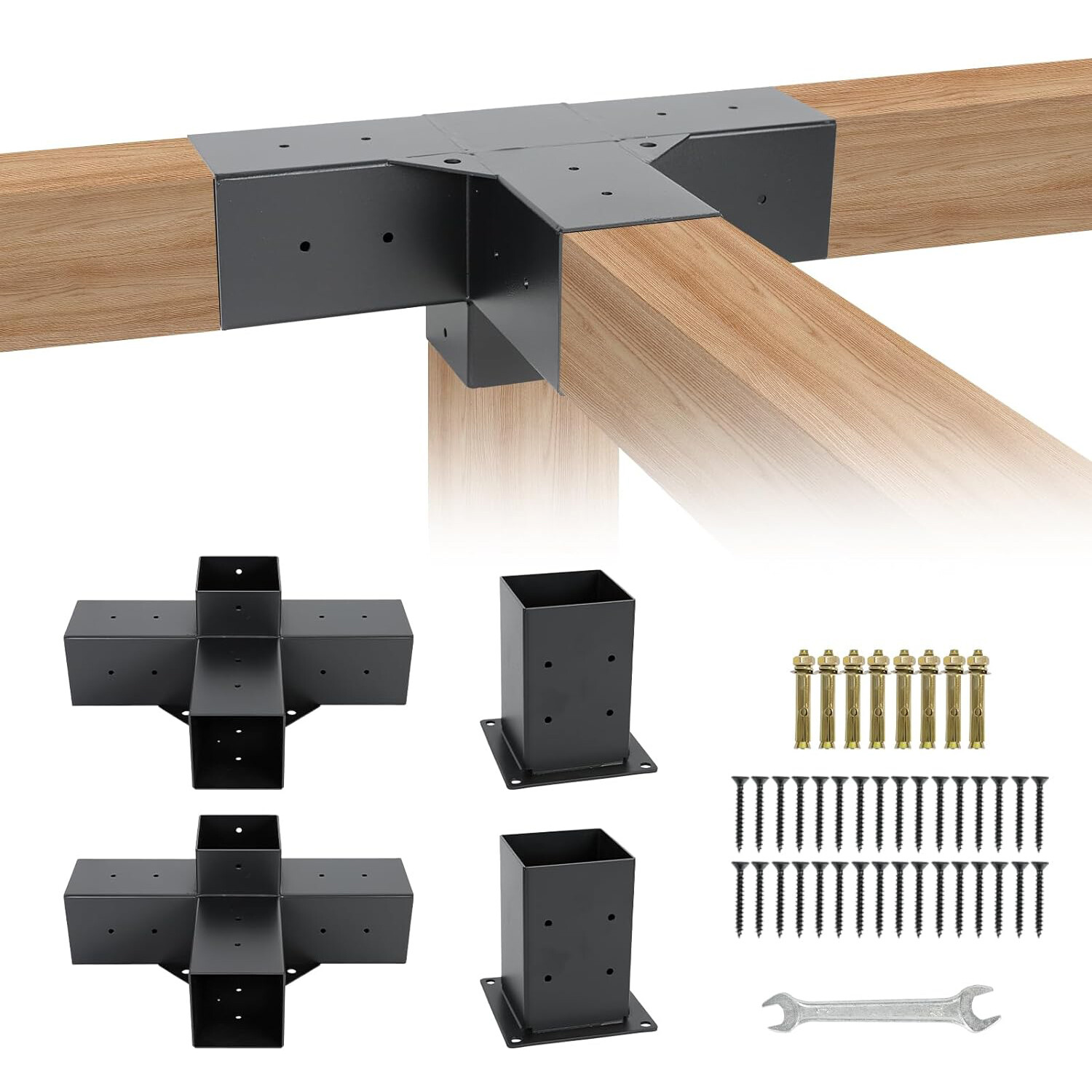 Paquete de 2 soportes para pérgola, soporte de esquina en T de 4 vías/kit de base de poste para gazebo