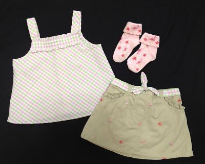 Vtg Gymboree ISLAND FUN pink gingham tank top khaki flamingo skirt socks 4T 3T
